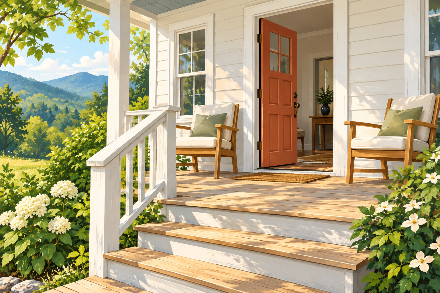 A sunny front porch with an open door and two comfortable chairs